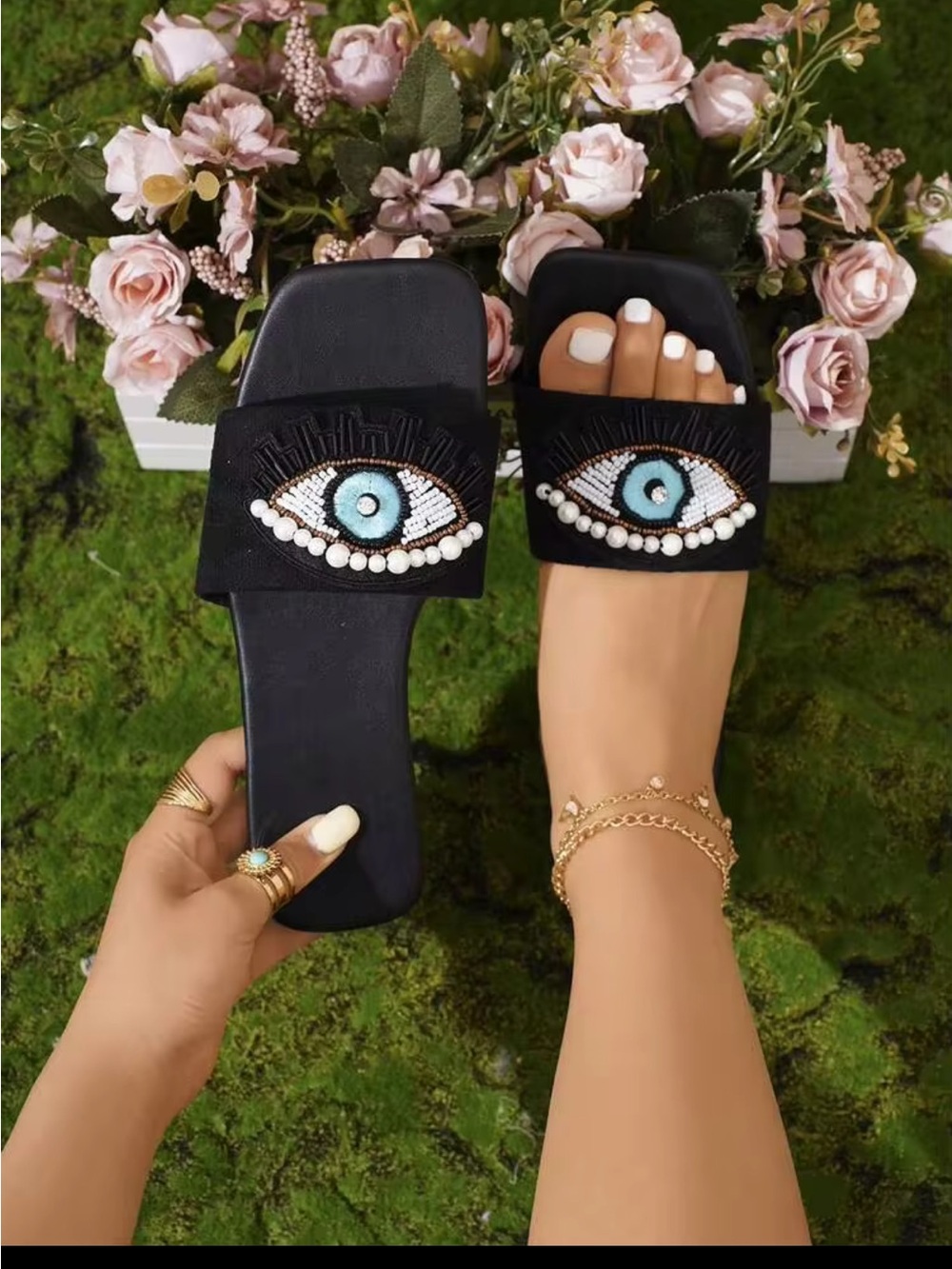 NWOT Black Beaded Evil Eye Slide Sandals - Women, Size 5.5